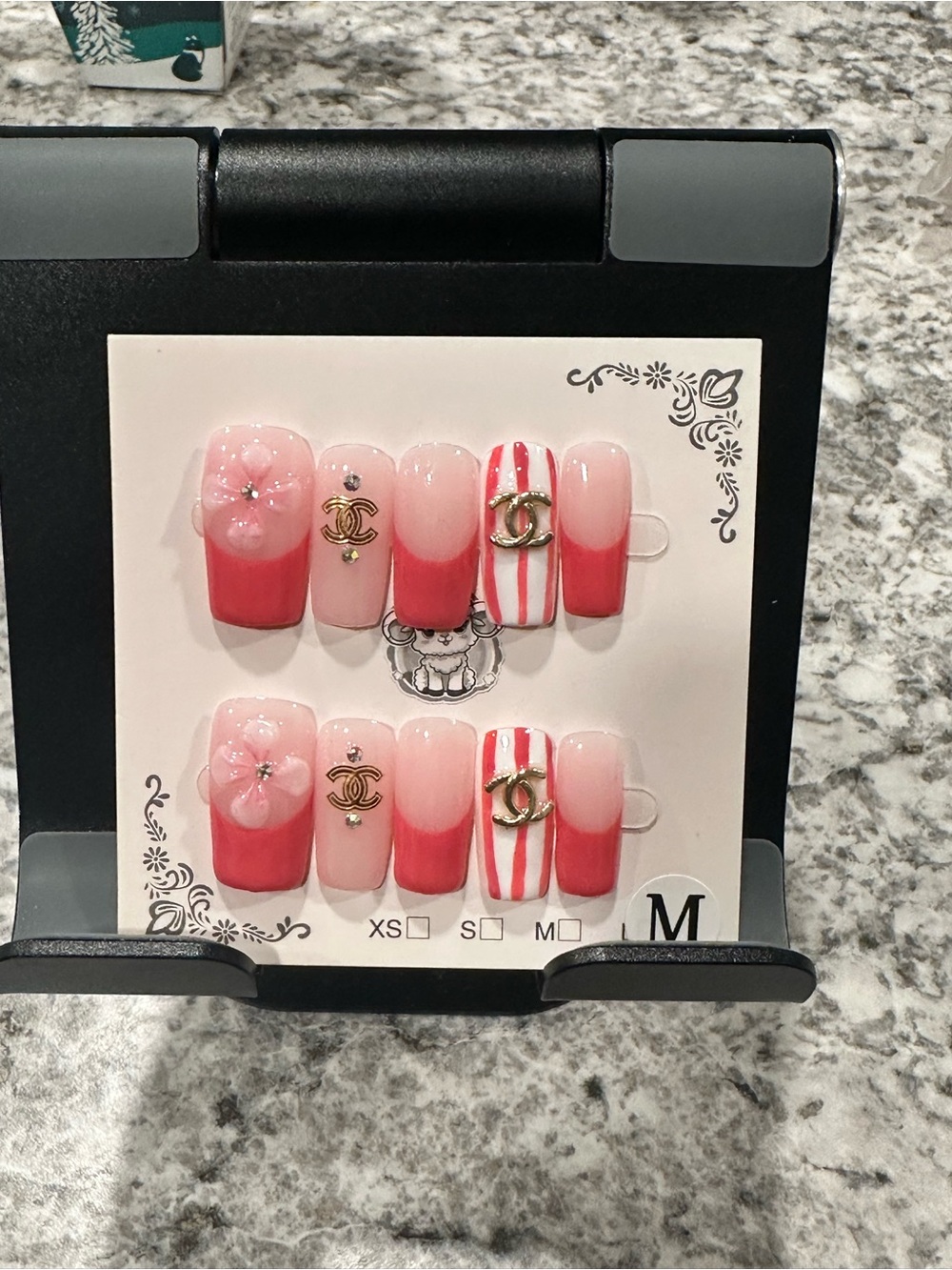 Pink Ombre & Striped Press-On Nails with Gold Logo Accents